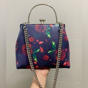 Handmade Genuine Leather Rose Print Kisslock Satchel/Shoulder Bag/Crossbody